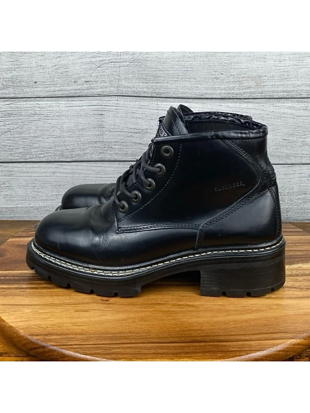 VTG Y2K Skechers Black Leather Chunky Lace Up Boot Men’s Shoe Size 11
